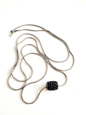 Vendome 26"L Silver Snake Chain Necklace with Dark Blue Pave Charm